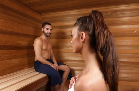 Girl with saggy tits and tattooed belly Whitney Westgate rides dick in sauna 57560574